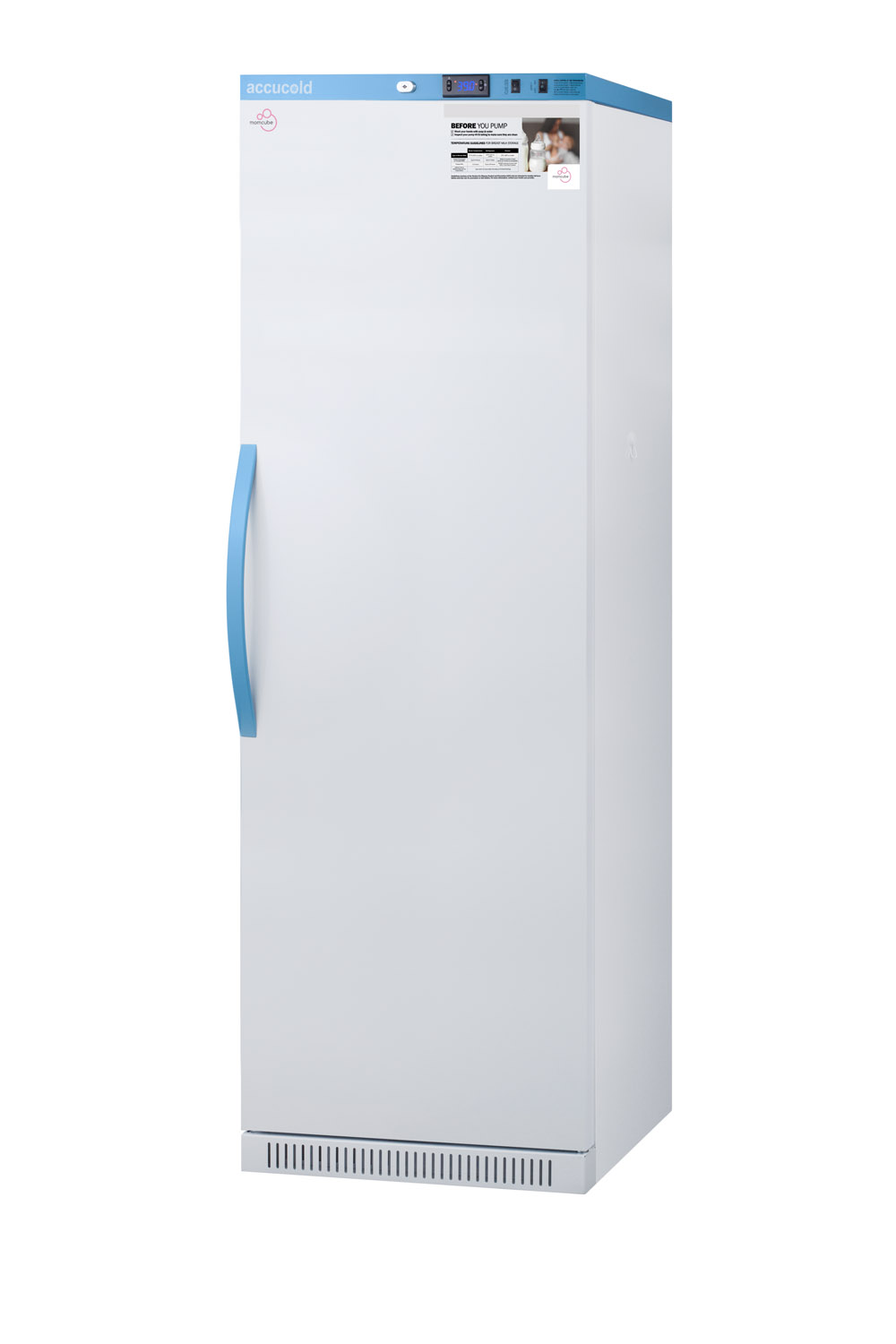 Purpose-built all-refrigerator for breast milk storage with 7 adjustable shelves, antimicrobial silver-ion handle, and hospital grade cord with 'green dot' plug